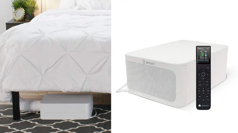 a bed jet fan shown under a bed next to a close up image of the device