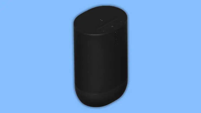 A black speaker sits on a blue background