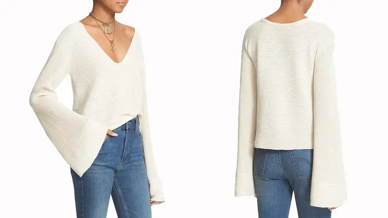 Free People Starman V-Neck Rib Bell Sleeve Knit Pullover