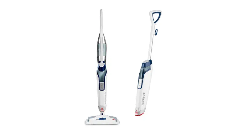 White and blue Bissell steam mop on white background