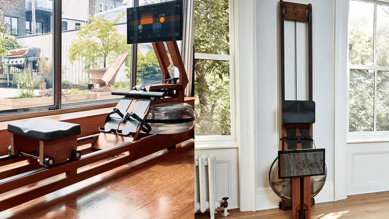 Left: Ergatta rowing machine on floor in home. Right: Ergatta rowing machine leaning against wall.