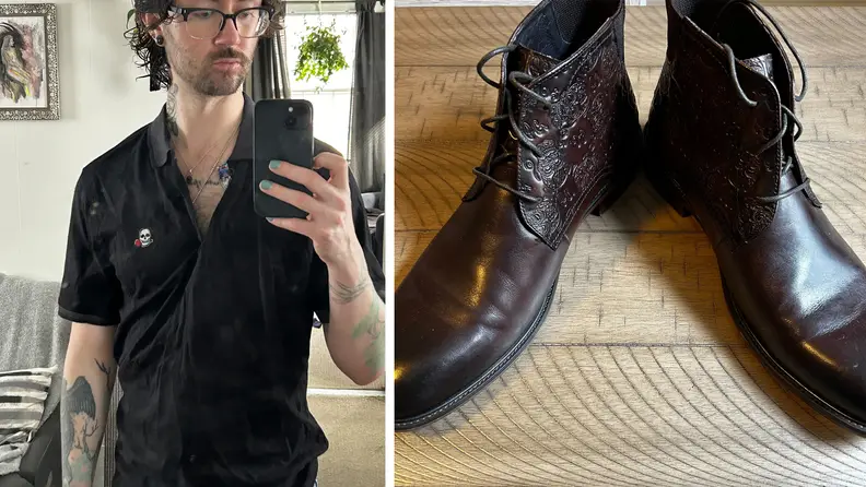 A man wearing a black polo shirt, and a pair of boots made from embossed leather.