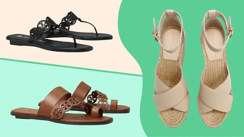 Pairs of black, brown, and cream-colored sandals and espadrilles against a green background.