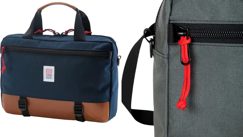 Navy blue bag from Topo Designs, green bag with red zipper pull from Topo Designs.