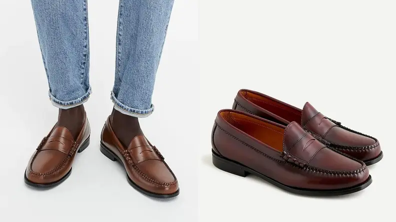 man standing in brown J.Crew penny loafers