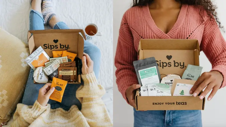 Two photos of opened Sips by boxes, revealing a selection of different teas.
