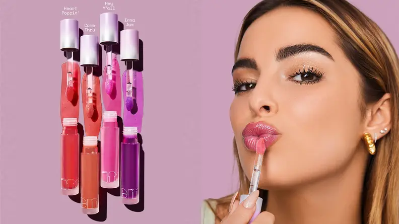On the left: Four tubes of the Item Beauty Lip Quip Moisturizing Lip Oil in pink, purple, and red shades with the wands hovering above the tubes with formula in them. On the right: Addison Rae making a kissy face and applying the Lip Quip to her lips in a pink shade.