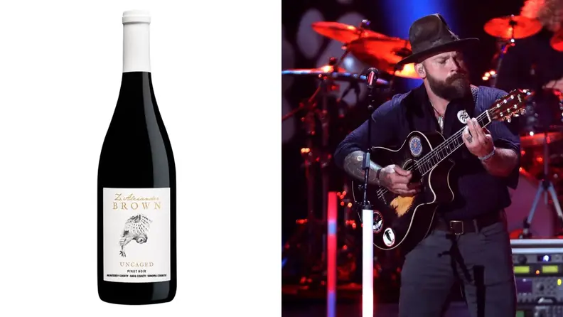 On the left side of the image is a bottle of pinot noir. In the photo to the right, musician Zac Brown of the Zac Brown Band strums an acoustic guitar.