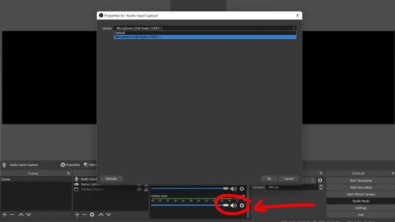 Screenshot of OBS Studio, with volume knob circled