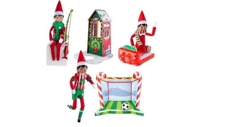 Elves partaking in sledding, fishing, and soccer.