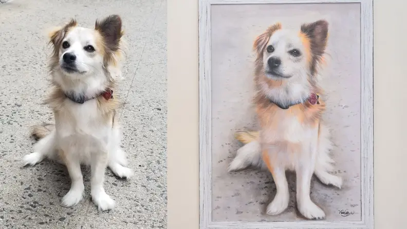 The original photo next to the finished artwork