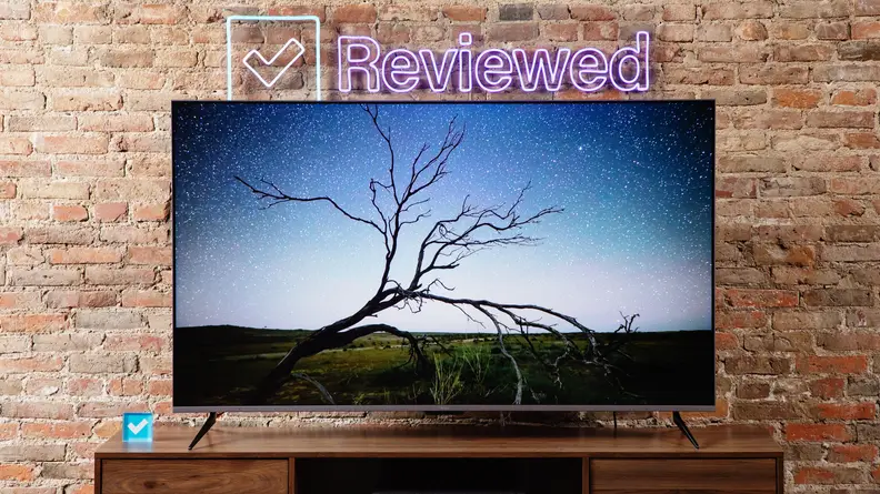 The Roku Plus Series QLED TV with a tree onscreen.