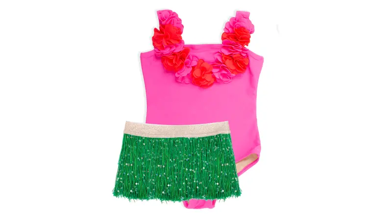 Hula girls swimsuit with beaded skirt.