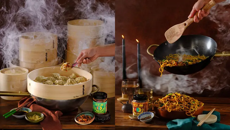 Left: Hand lifting a dumpling out of the Spruce Steamer. Right: Person using beechwood spatula to push noodles into a bowl