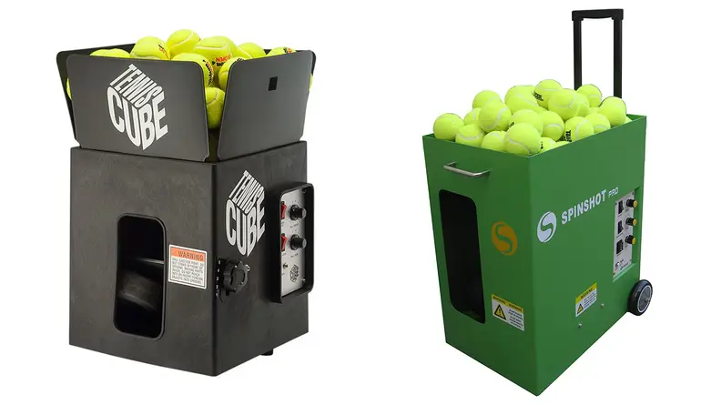 The Tennis Tutor Tennis Cube Ball Machine with Oscillation and the Spinshot Pro Tennis Ball Machine.