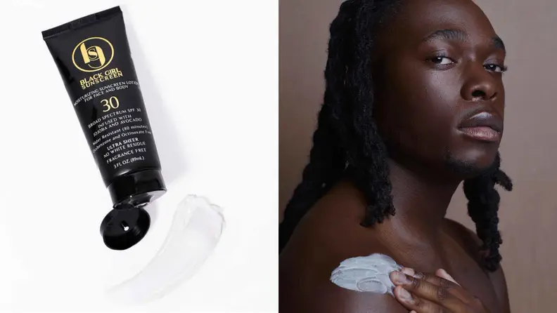 Black Girl Sunscreen container / Black man with sunscreen on shoulder