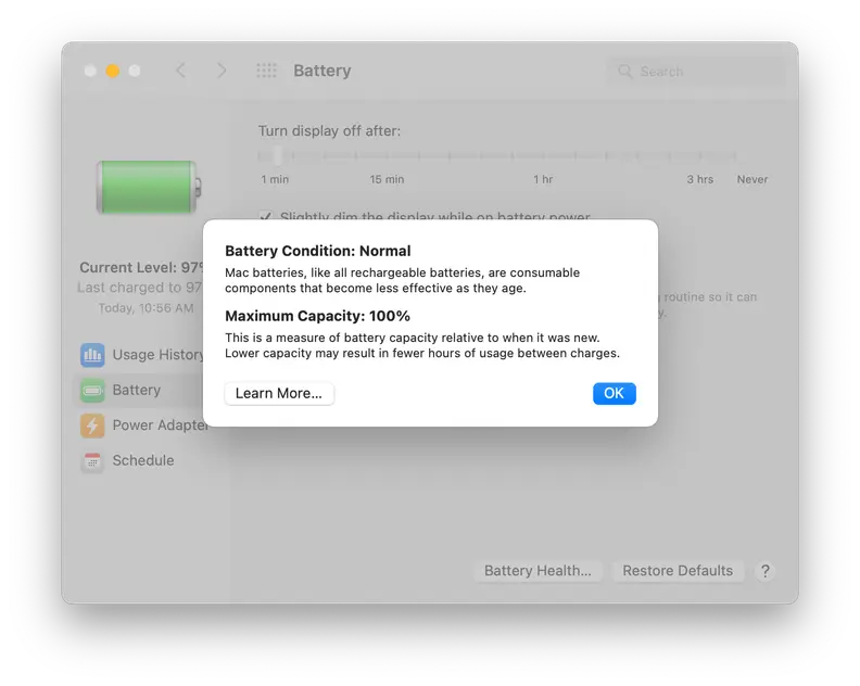 A screenshot of macOS's System Preferences app, showing the Battery Health window within the Battery settings.