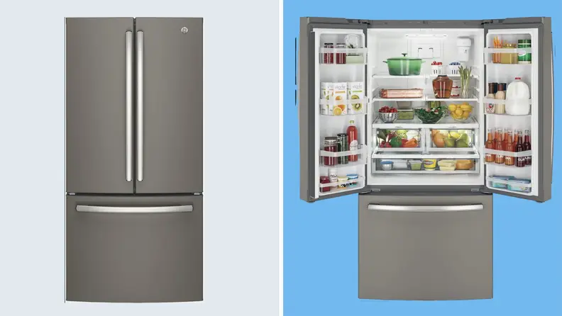 Left: GE GNE25JMKES closed on blue background, right: GE GNE25JMKES open on a blue background