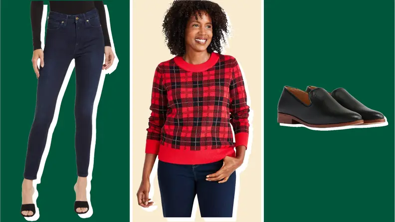 Collage of a pair of jeans, a sweater, and a pair of loafers.