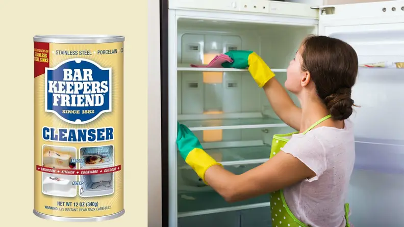 Left: Bar Keepers Friend Stainless Steel Cleanser; right: lady cleaning the fridge with a cloth