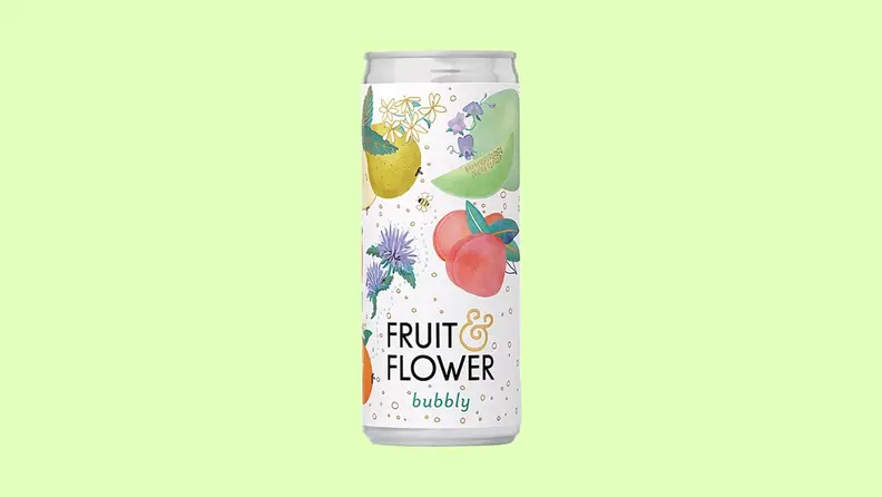 A canned wine spritzer against a pastel green background.