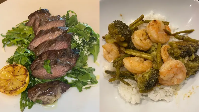 Prepared CookUnity meals of steak and shrimp with vegetables.