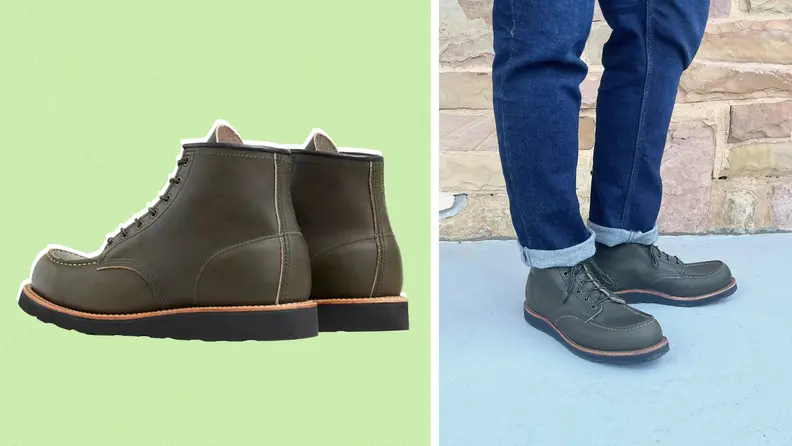 A pair of green boots against a green background, and a shot of the author wearing the same boots with cuffed jeans.