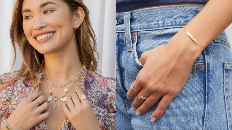 Left: A model in a floral-print shirt shows off her trendy necklaces. Right: In close-up, a hand model is wearing a pair of rings and a gold bracelet.