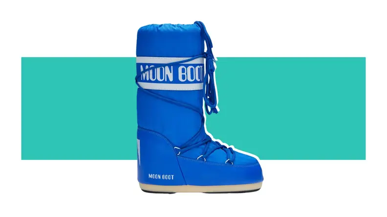A blue puffy Moon Boot.