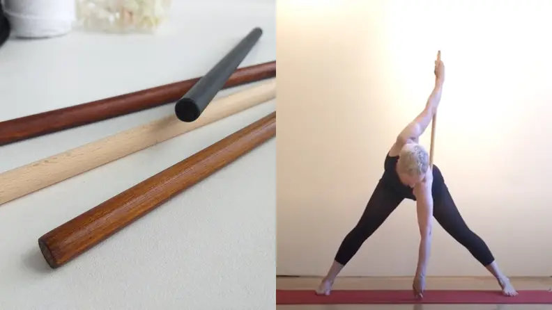 Two images: On the left, four smooth wooden dowels. On the right, a person practices yoga using a dowel as a prop.