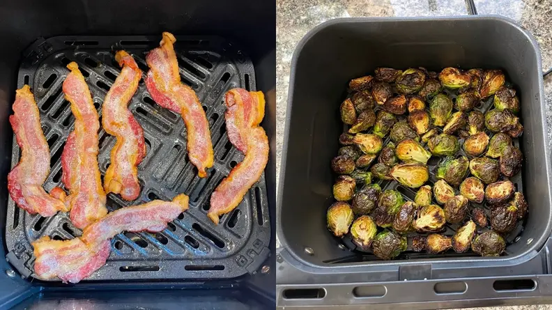 Cooked bacon and Brussels sprouts inside of basket of the Dreo Chefmaker air fryer.