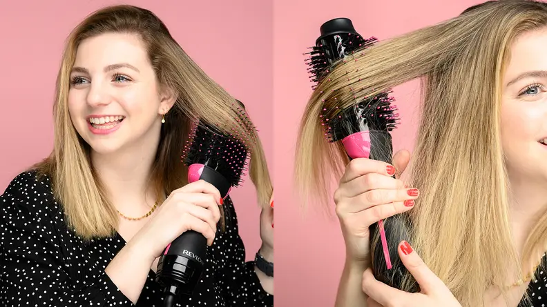 On the left: A person with long, blond hair running the Revlon One-Step Hair Dryer and Volumizer through their hair and smiling while looking off into the distance. On the right: A closeup of a person running the Revlon One-Step through their blond hair.