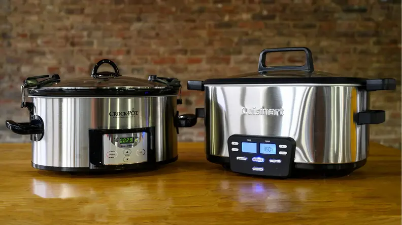 Best slow cookers, from Crock-Pot and Cuisinart, side-by-side on wooden surface.