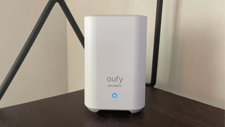 The Eufy HomeBase hub on a bookshelf