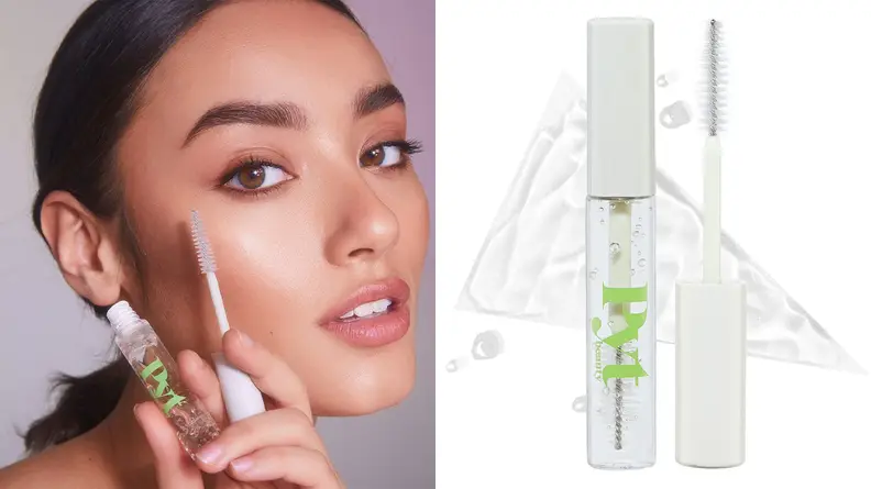 On the left: A model holds up an eyebrow gel to her face and looks at the camera. On the right: A tube of eyebrow gel stands with a swatch of the gel behind it and the spoolie next to it.
