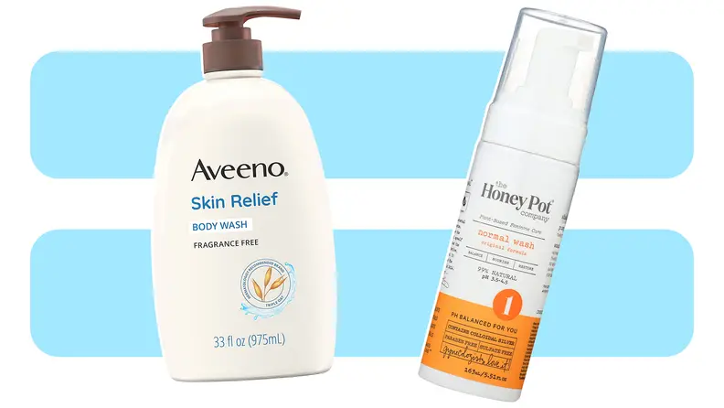 Product shots of two bottles of Aveeno Skin Relief Body Wash and the Honey Pot Normal Wash.