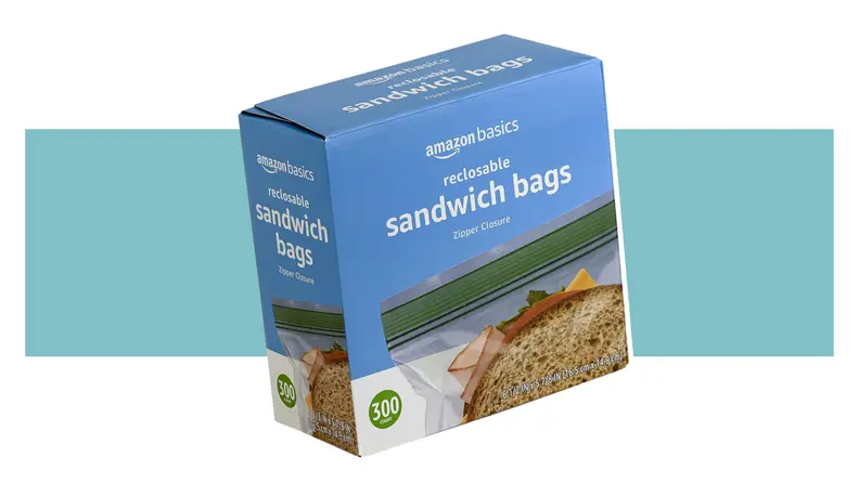 A package of Amazon Basics sandwich bags on a colorful background