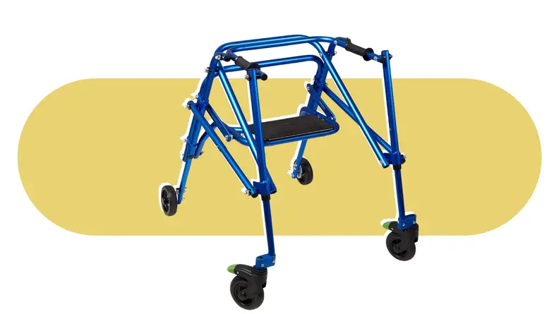 A blue Klip Gait Trainer on a yellow background.