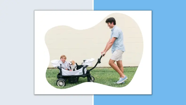 A parent pushing the Joey Wagon with a child and dog inside.