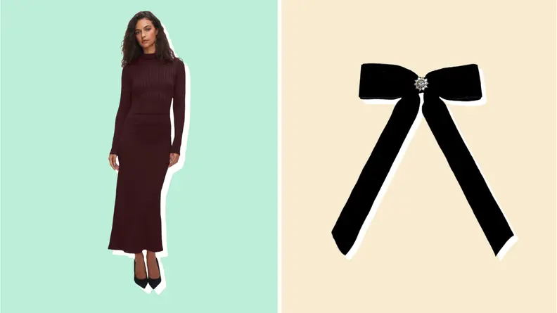 Collage of a woman wearing a dress and a black velvet bow.