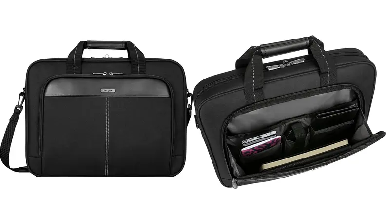 Black Targus messenger commuter bag, open commuter bag in black by Targus.