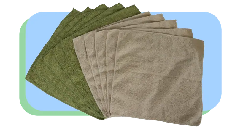 Olive green and gray microfiber cloths fanned out on top of each other.