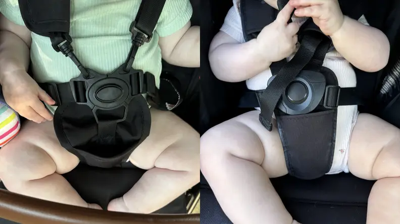 Side by side images of a baby in two strollers