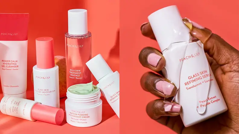 The Peach & Lily Glass Skin Refining Serum and other products from the skincare line.