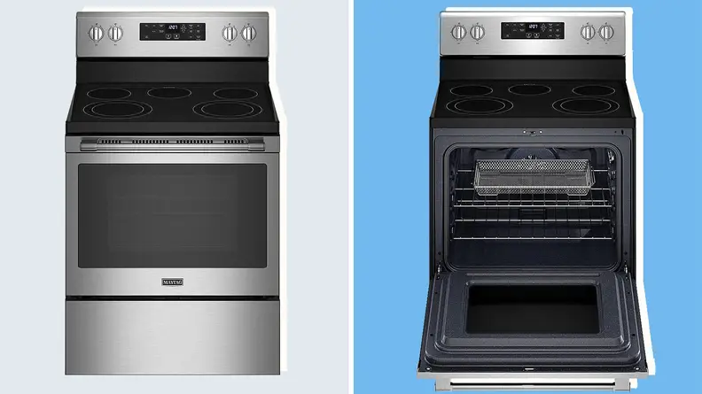 A split image of the Maytag MER7700LZ with the oven door closed and opened shows the air fryer basket inside.