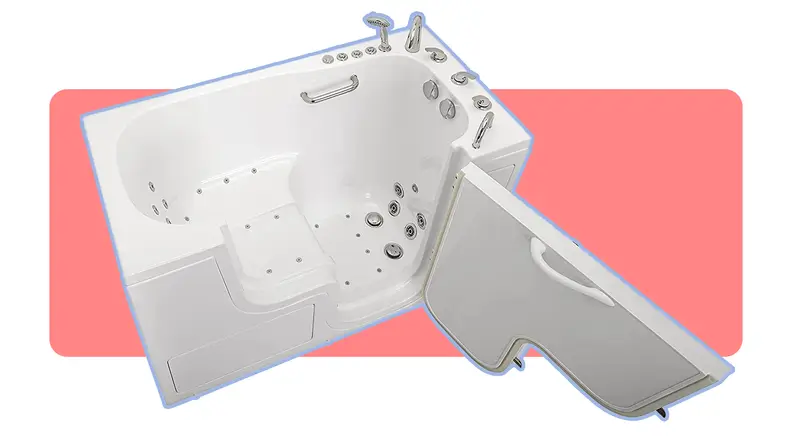 An Ella's Bubbles walk-in tub on a colorful background