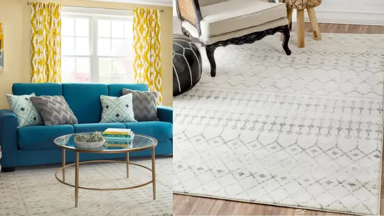 Side-by-side images of a couch on a gray and white rug, then a closeup of the gray and white rug