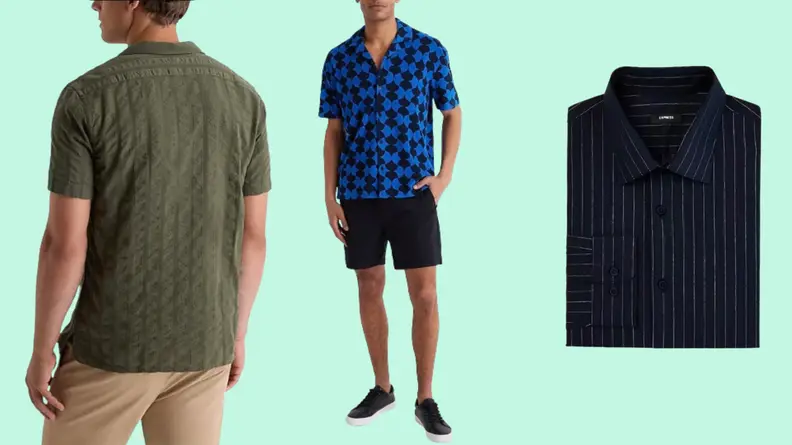 Model wearing green cotton shirt, a model wearing a black and blue short-sleeved shirt, and a striped dress shirt against cyan background
