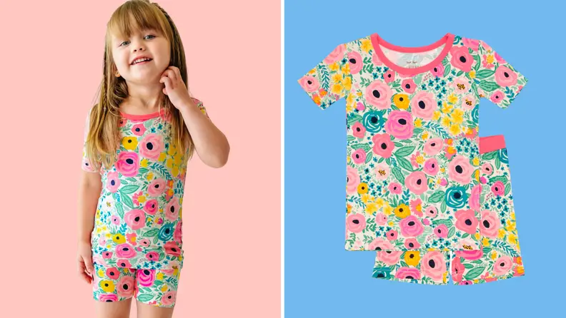 Girl wearing pink PJs from Little Sleepies next to an image of the set