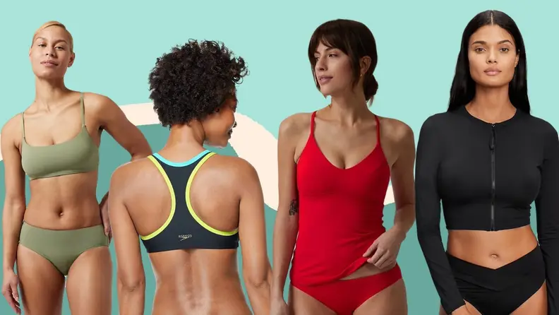 Three women wearing two piece bathing suits and one wearing a black rash gaurd